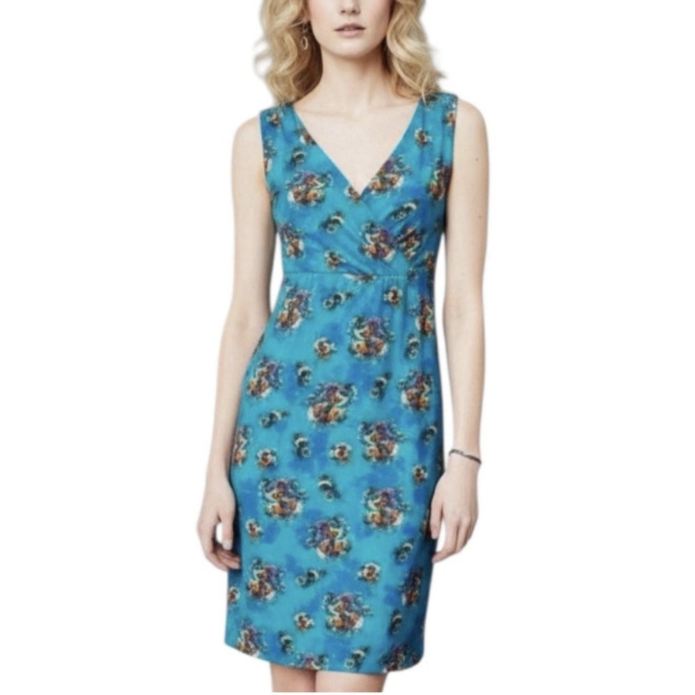 Garnet Hill Starlet Tropical Floral Dress Size XL Blue Knit Resort Wear Beachy